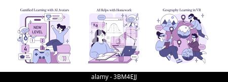 Eine Reihe von Vektorillustrationen, die gamifiziertes Lernen mit KI-Avataren, KI-Unterstützung bei Hausaufgaben und Geographieunterricht in virtueller Realität darstellen. Ansprechende und innovative Bildungskonzepte. Stock Vektor