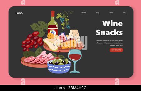 Feiern Sie den nationalen Weintag mit einer köstlichen Auswahl an Wein und Snacks. Genießen Sie Käse, Fleisch, Oliven und frisches Obst, perfekt für Treffen. Genießen Sie jeden Moment mit einem Glas Rotwein. Vektorabbildung. Stock Vektor