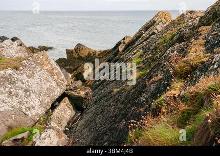 Eine felsige Küste mit einem kleinen Wasserkörper im Hintergrund. Die Felsen sind mit Moos bedeckt und an der Seite wächst ein kleiner Streifen Gras. Stockfoto