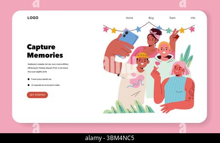 Vektor-Illustration, die eine Gruppe von Freunden zeigt, die gemeinsam ein Selfie machen. Sie zeigen fröhliche und fröhliche Ausdrücke, umgeben von farbenfrohen Dekorationen und Pflanzen. Stock Vektor