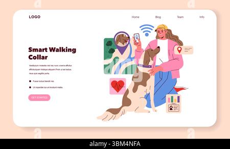 Intelligentes Laufkragen-Konzept. Ein modernes Haustier-Gadget, das das Outdoor-Erlebnis durch Technologie verbessert. Es bietet Standortverfolgung, Gesundheitsüberwachung und benutzerfreundliche mobile Integration für Haustierbesitzer. Vektorabbildung. Stock Vektor