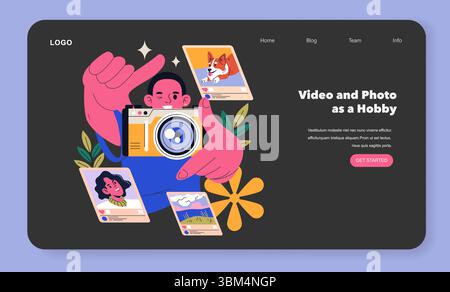 Dopamin-Hobbys wie Fotografie und Video fördern Kreativität und Selbstausdruck. Die Teilnahme an diesen Aktivitäten fördert Freude und Erfüllung und zeigt Momente, die mit einem Kameraobjektiv aufgenommen wurden. Vektorabbildung. Stock Vektor