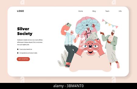 Silver Society-Konzept. Ältere Menschen genießen einen aktiven Lebensstil und Abenteuer, nutzen Technologie, verfolgen Hobbys, reisen und pflegen gemeinsam in einer modernen und integrativen Gemeinschaft. Vektorabbildung. Stock Vektor