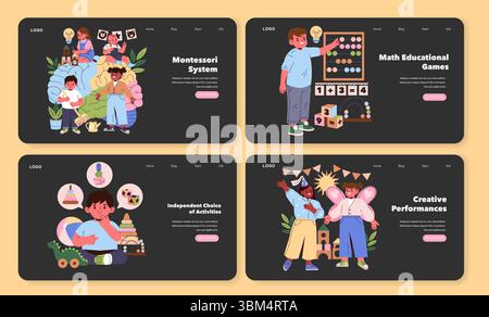 Eine Reihe von Vektorillustrationen, die Montessori und pädagogische Aktivitäten für Kinder zeigen, mit mathematischen Spielen, unabhängigen Spielmöglichkeiten und kreativen Darbietungen mit Kindern. Stock Vektor