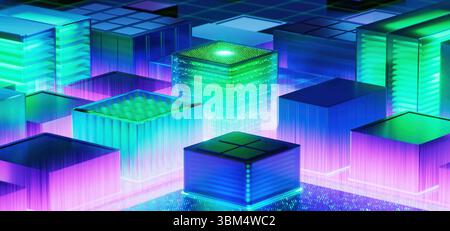 Artificial Intelligence Server Big Data Storage Machine. Lernalgorithmen. Cubes. Verarbeitet KI-Optimierung digitale Technologie. 3D-Abbildung Stockfoto