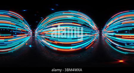 HDRI. Leuchtende Neonlinien. Vollständiges sphärisches Panorama 360 Grad. 3D-Rendering-Abbildung. Stockfoto