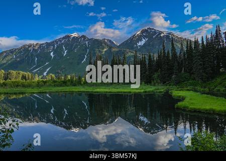 Kanada, British Columbia. Bergreflexion im Teich in der Nähe des Stewart-Cassiar Highway. Stockfoto