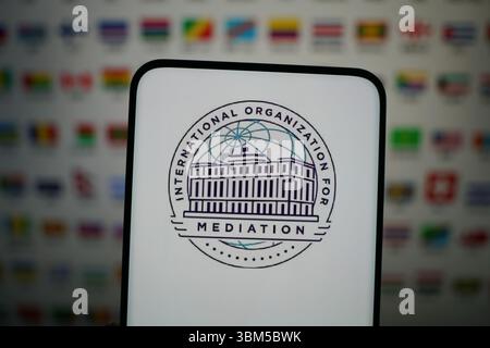 SHANGHAI, CHINA - 25. JUNI 2025 - das Logo der INTERNATIONALEN ORGANISATION FÜR MEDIATION auf einem Smartphone mit den Nationalflaggen verschiedener Länder auf der ganzen Welt im Hintergrund in Shanghai, China am 25. Juni 2025. Stockfoto