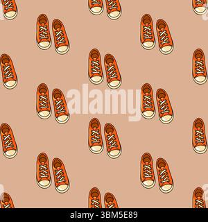 Nahtloses Herbstmuster mit roten Sneakers aus Textil auf weichem beigefarbenem Hintergrund. Schuhe der Herbstsaison. Cartoon-Vektor-Stil. Stock Vektor