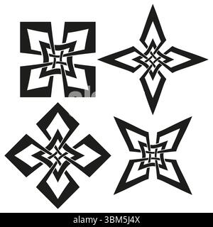 Vier-Punkte-Sterne. Abstraktes geometrisches Muster. Symmetrische Formkonstruktion. Dekorative Vektor-Illustration. Stock Vektor