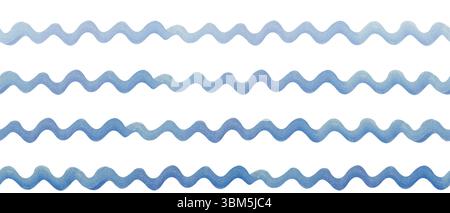 Blaue Aquarelllinien, die in horizontalen Reihen auf weißem Hintergrund angeordnet sind. Handbemalte Wellenelemente, perfekt für maritimes Design, dekorativ Stockfoto