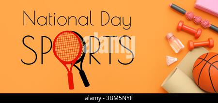 Sportausrüstung auf orangefarbenem Hintergrund, Draufsicht. Banner für den nationalen Sporttag Stockfoto