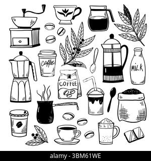 Kaffee großes schwarz-weißes Doodle Set. Niedliche einfache handgezeichnete Vektor-Illustrationen von Kaffeepflanzen, Tassen und Krügen. Stock Vektor