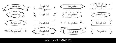 Textfeld Handgezeichneter Rahmen Titelbanner Set. Handgezeichnetes Doodle-Line-Banner, Band-Line-Label-Memo-Formelemente. Niedliches Design mit Markierungsstreifen, Textfeldtitel, Überschriftendekoration. Vektorabbildung Stock Vektor