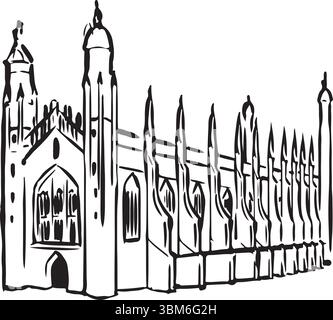 King's College, Cambridge, England, Schwarzweiß-Tinte Skizze. Gotische Architektur, atemberaubende Kapelle und komplizierte Mauerwerke. Historische Wahrzeichen Kunst. Stock Vektor