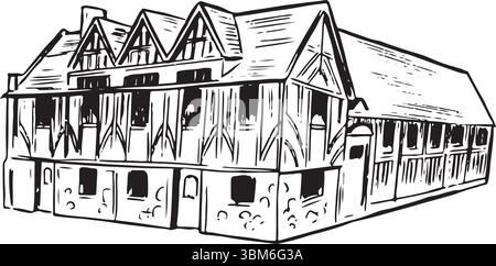 Guildhall Museum, Leicester, England, Schwarzweißtinte Skizze. Historisches mittelalterliches Gebäude mit Fachwerk mit reiches Erbe und komplizierten Details. Stock Vektor