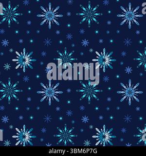 Nahtloses Vektor-Wintermuster. Weiße und blaue Schneeflocken mit Farbverlauf auf blauem Hintergrund. Winter Schneeflocken Hintergrund. Geeignet für Textilien, Wrappi Stockfoto