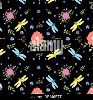 Bunte Libellen und abstrakte Blumen, nahtloses Vektormuster auf dunklem Hintergrund. Perfekt für Design, Stoffe, Verpackungen, Tapeten und PR Stockfoto