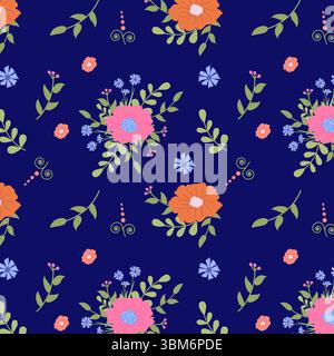 Nahtloses Vektormuster. Abstrakte rosa, orange, blaue Blumen und Blätter auf blauem Hintergrund. Geeignet für Textilien. Stockfoto