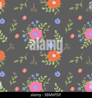 Nahtloses Vektormuster. Abstrakte rosa, orange, blaue Blumen und Blätter auf grauem Hintergrund. Geeignet für Textilien. Stockfoto
