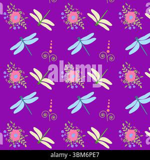 Bunte Libellen und abstrakte Blumen, nahtloses Vektormuster auf einem lilafarbenen Hintergrund. Perfekt für Design, Stoffe, Verpackungen, Tapeten und Stockfoto