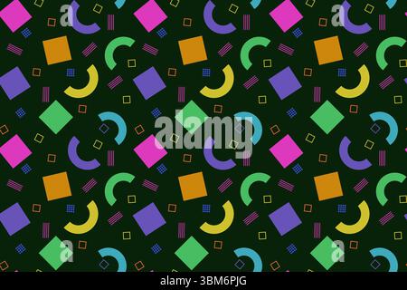 Nahtloses Muster mit verschiedenen geometrischen Formen im Memphis-Stil. Helle, neonfarbene Formen auf blauem Hintergrund. Ideal für Stoffdesign, Pap Stockfoto