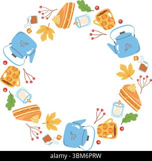 Ein gemütlicher Herbstrahmen mit warmer Kerze, Teekessel, Tasse mit Kürbismotiv, Blättern und Beeren, perfekt für Herbstmotive und saisonale Projekte Stock Vektor