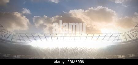 Die flache Designszene zeigt das Stadion in der Abenddämmerung mit Flutlichtern, die das Dachgitter und die Sitze beleuchten Stockfoto
