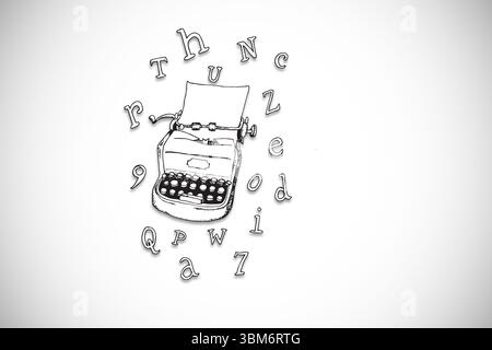 Die Vintage-Schreibmaschine zeigt leeres Blatt und frei bewegliche Zeichen in Strichvorlagen und im Kopierbereich an Stockfoto