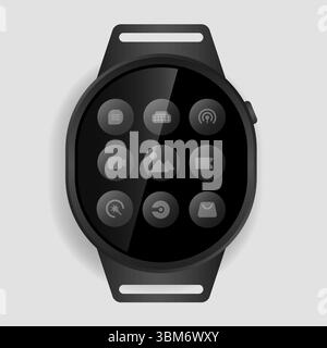 Realistisches Smartwatch-Modell mit schwarzem Hochglanzbildschirm und kreisförmigen App-Symbolen. Stock Vektor