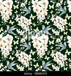 Fliegender Kolibri mit weißen Orchideenblüten und Schmetterlingen Aquarellillustration. Handgezeichnetes nahtloses Muster mit tropischer phalaenopsis und Vogel Stockfoto