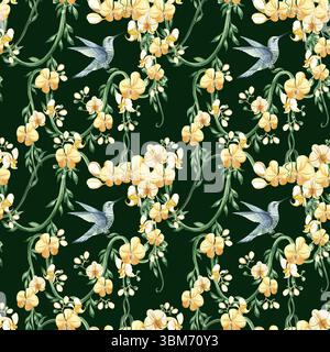 Fliegende Kolibri und gelbe Orchideenblüten mit tropischen Lianen Aquarellillustration. Handgezeichnetes nahtloses Muster mit tropischer phalaenopsis Stockfoto
