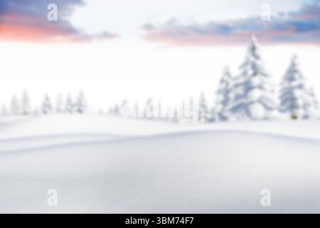 Die breite Winterszene zeigt schneebedeckte, frostige Evergreens und pastellfarbenen Himmel in flachem Design Stockfoto