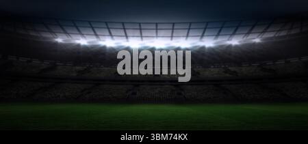 Das Stadion leuchtet unter Flutlichtern in flachem Design mit grünem Feld, dunklen Ständen und Dachträgern Stockfoto