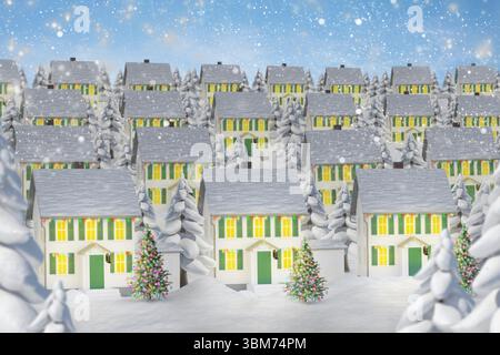 Die flache Designszene zeigt verschneite Häuser mit grünen Rollläden, Lichterketten und Weihnachtsbäumen Stockfoto