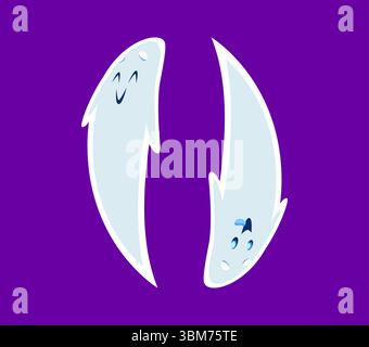 Halloween-Schriftart in Klammern, Geist-Zeichentrickfigur. Halloween Monster lustige Persönlichkeit Englisch ABC Satzzeichen, gruselige Geist oder gruselige Geist Charakter Schriftart, Alphabet-Vektor spezielles Symbol Stock Vektor