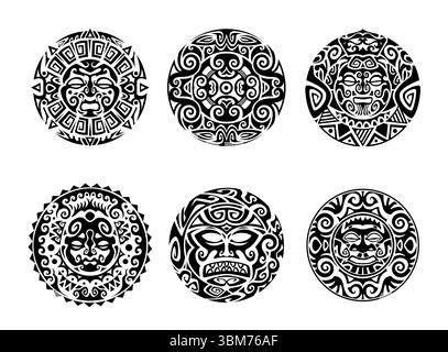 Maori-Stammes-Tattoos mit polynesischem Kreismuster der Vektorsonne, hawaiianischer Totemmaske und runden Gesichtern des Kriegers. Polynesische ethnische Ornamente mit kreisförmigem geometrischem Motiv, monochrome Tattoos des maori-Stammes Stock Vektor