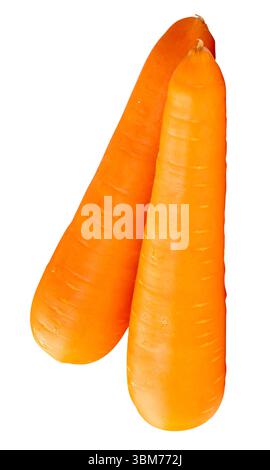 Die Seitenansicht von zwei frischen orangen Karottenwurzeln im Stapel ist auf weißem Hintergrund mit Beschneidungspfad isoliert. Stockfoto