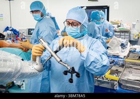 Die Platzierung einer Hüftprothese mit Roboterunterstützung am Lyon-Sud-Krankenhaus. Stockfoto