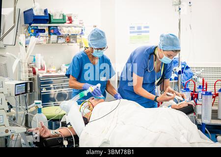 Die Platzierung einer Hüftprothese mit Roboterunterstützung am Lyon-Sud-Krankenhaus. Stockfoto