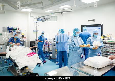 Die Platzierung einer Hüftprothese mit Roboterunterstützung am Lyon-Sud-Krankenhaus. Stockfoto