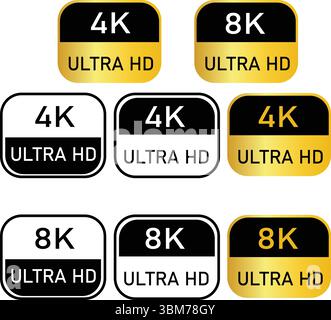 4K 8K Ultra HD Resolution Etiketten – High Definition Quality Icons Set 4K 8K Ultra HD Videoformat Vektorsatz. Symbol für hochauflösenden Web-tv-Bildschirm Stock Vektor