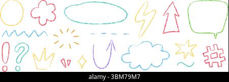 Buntstift-Doodle-Element-Set. Handgezeichnete Sprechblase, Stern, Wolke. Farbstift unterstrichen, Pfeil, Funkenzeichnung. Kinder Kreidestil Frage und Stock Vektor