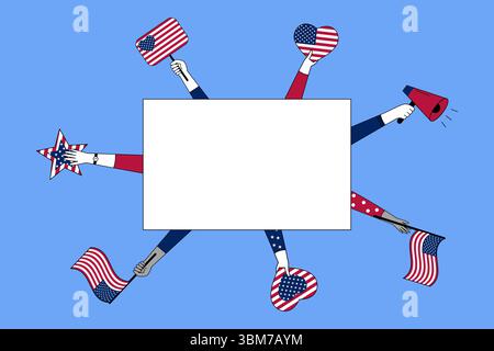 Festliche Illustration zum amerikanischen Unabhängigkeitstag mit verschiedenen Händen, die US-Flaggen, Herzen, Sterne und ein Megaphon um einen rechteckigen Rahmen halten. Stock Vektor