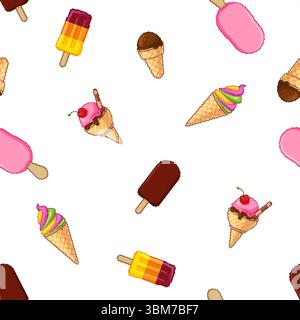 Nahtloses Muster für Pixel Art-Eis. Niedlicher, sich wiederholender Sommer-Hintergrund für Textilien und Verpackungen. Vektorillustration im Retro-8-Bit-Stil. Stock Vektor