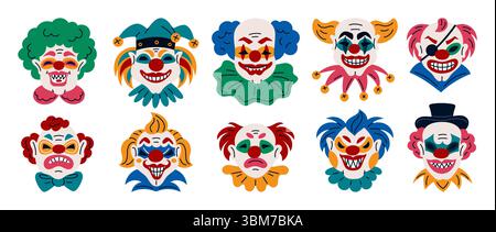 Böse Clowns Köpfe. Comic gruselige Karnevalsfiguren, verrückte Gesichter gruselig, Zirkuskünstler mit gruseligem Make-up, halloween-Partymasken, wütender Monster-Craz Stock Vektor