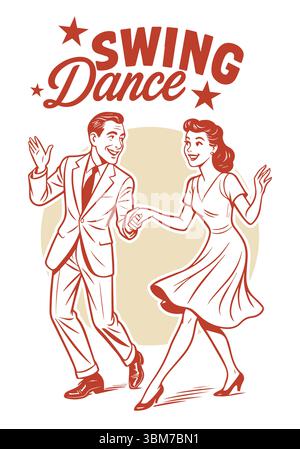 Vintage Swing Dance Paar. Retro 1940s Lindy Hop Cartoon Clipart Illustration isoliert auf weißem Hintergrund. Stock Vektor