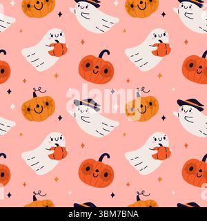 Niedliches, nahtloses halloween-Muster. Kawaii-Geister und lustige Kürbisfiguren, wiederholt gruselige Weihnachtsmaskottchen. Textil, Geschenkpapier, Tapete Stock Vektor