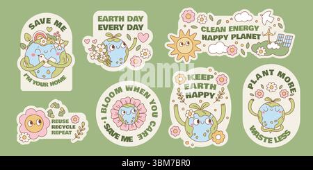 Maskottchen-Aufkleber auf der Erde. Cartoon niedlicher Planet Charakter, verschiedene Posen, Aktionen, lustige Kugel mit Gesicht, ökologisches Symbol, Umweltschutz, Natur und Stock Vektor
