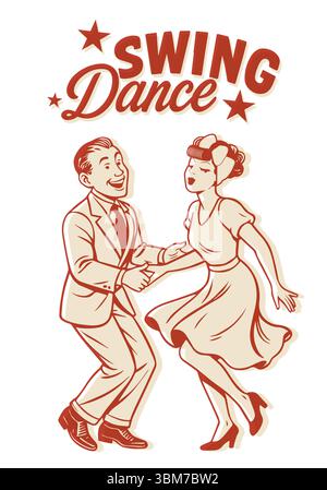 Vintage Swing Dance Paar. Retro 1940s Lindy Hop Cartoon Clipart Illustration isoliert auf weißem Hintergrund. Stock Vektor